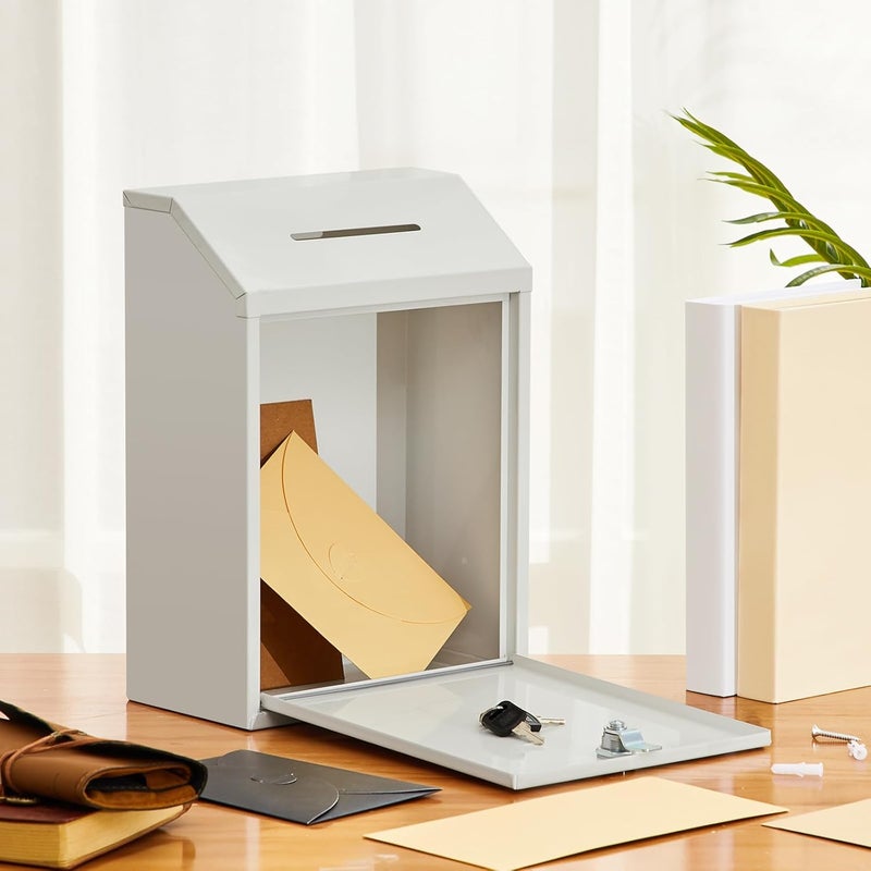 Yaocom Metal Money Donation Cash Box Collection Safe Suggestion Box with Lock Wall Mounted Mailbox Delivery Ballot Container for Home Office Outdoor Farmstand(White,11.81 x 8.58 x 4.72 Inch) - Image 4